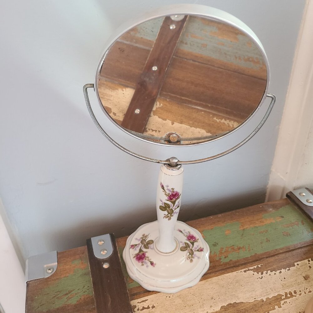 Vintage Standing White Floral Porcelain Vanity Swivel Mirror Made in Japan